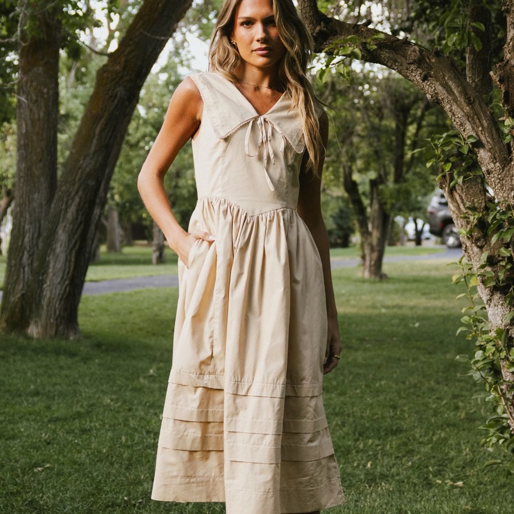Bohme Cream Midi Dress with Bow Detail Louie Collared Midi Dress in Taupe